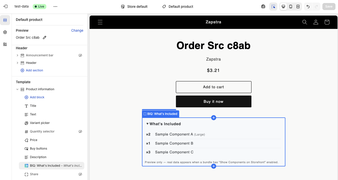 Adding the BIQ: What's Included block in the Shopify theme editor