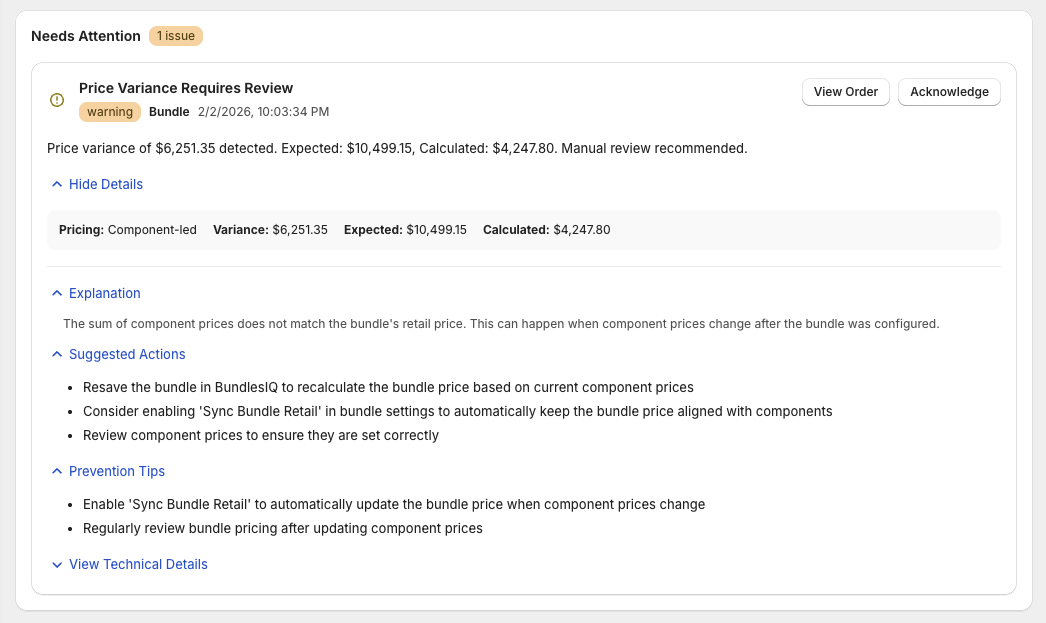Price Variance warning with explanation, suggested actions, and prevention tips