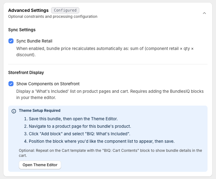 Advanced Settings card showing Sync Bundle Retail, Show Components on Storefront, and theme setup instructions