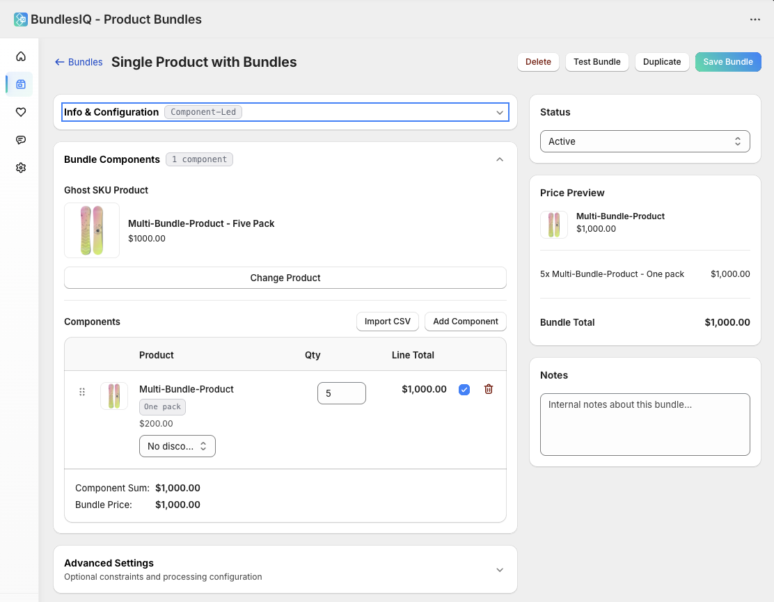 BundlesIQ bundle editor showing ghost SKU, components, pricing, and status