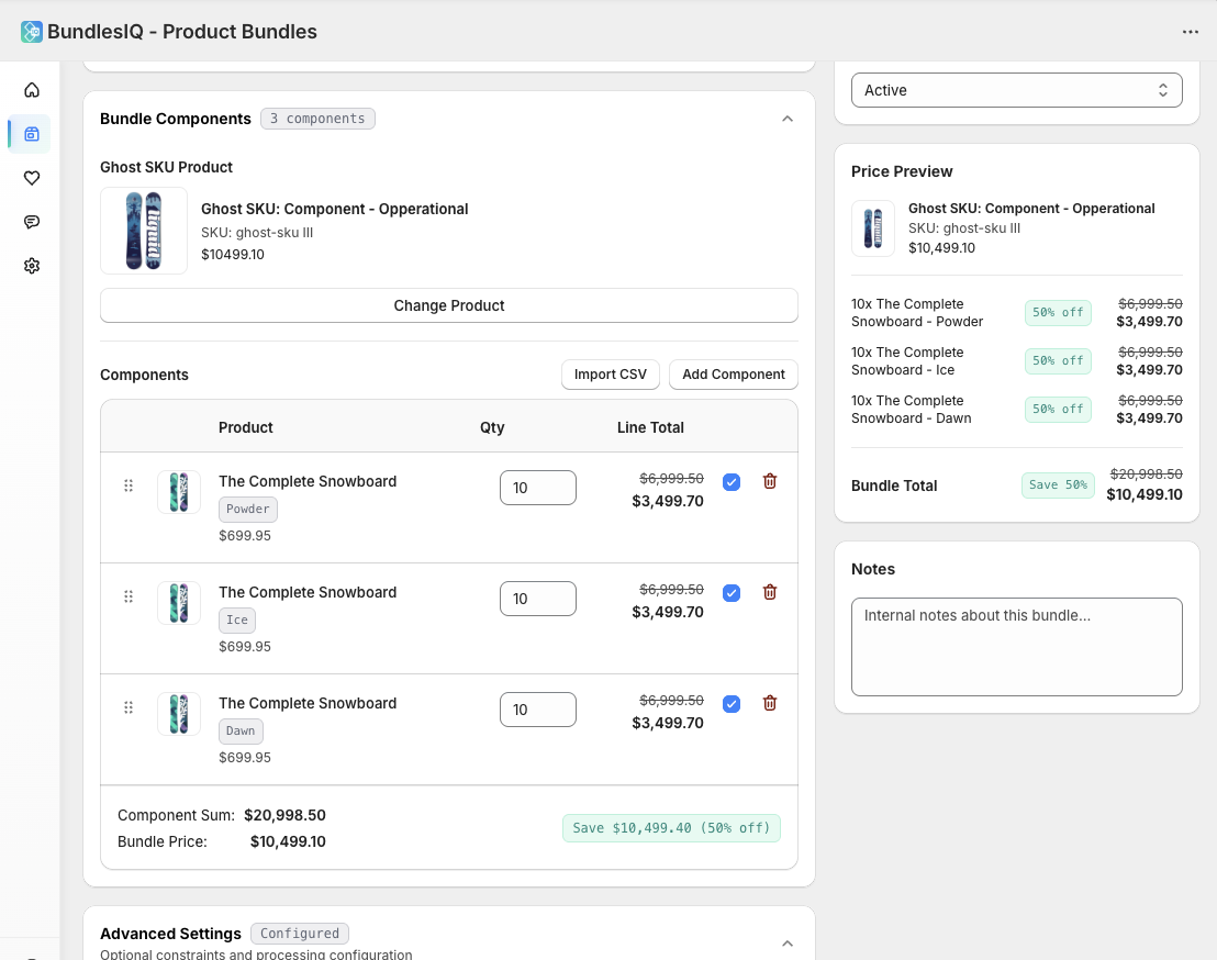 Bundle components editor with ghost SKU, component variants, quantities, and pricing