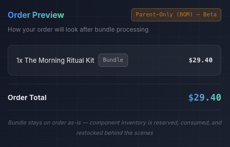 Parent-Only (BOM) mode Order Preview — bundle stays as-is, inventory managed behind the scenes