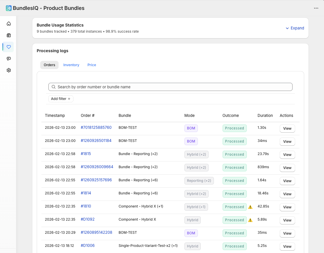 Health dashboard processing logs showing order history, modes, outcomes, and durations
