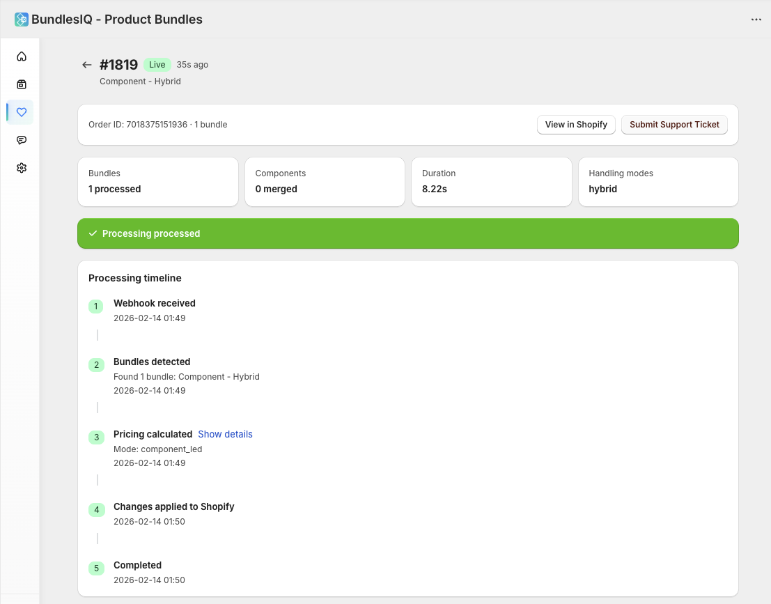 Processing timeline showing each step from webhook received through completion