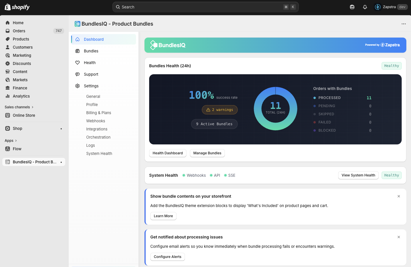BundlesIQ home dashboard in Shopify Admin — health summary, system status, and lifetime statistics
