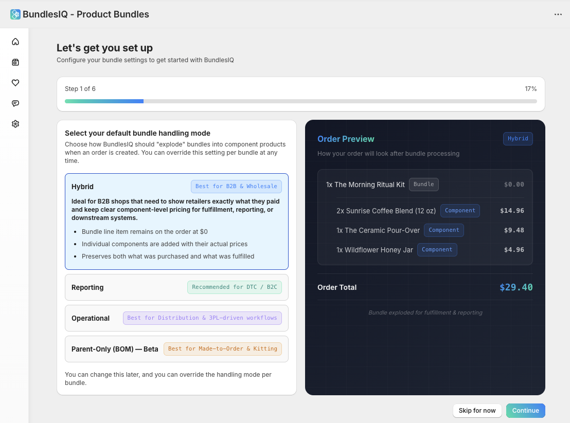 BundlesIQ onboarding wizard — select your default handling mode with a live Order Preview