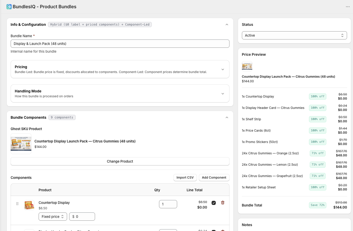 Price Preview panel — bundle retail, per-component discounts, allocated prices, and total savings