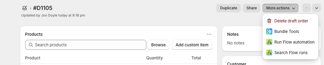 Accessing Bundle Tools from the draft order More actions menu in Shopify Admin