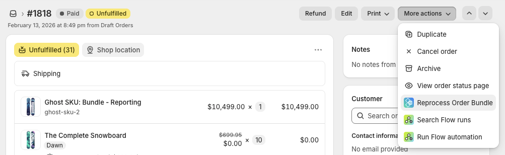 Accessing Reprocess Order Bundle from the More actions menu in Shopify Admin