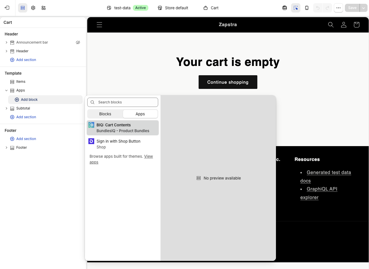 Add block picker on the cart template, Apps tab selected, showing the BIQ: Cart Contents block