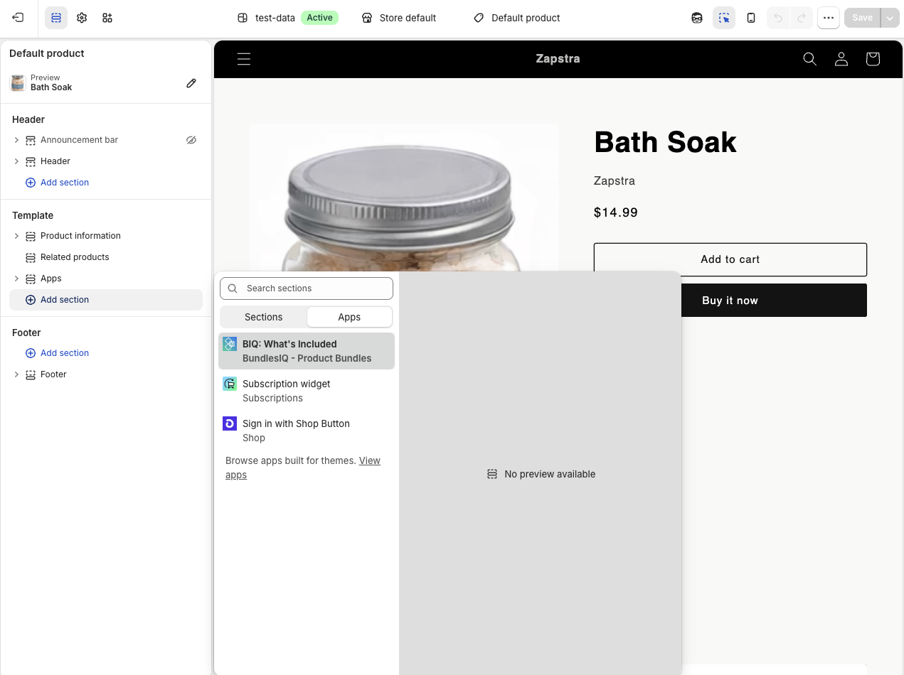 Add section picker on the product template, Apps tab selected, showing the BIQ: What's Included block
