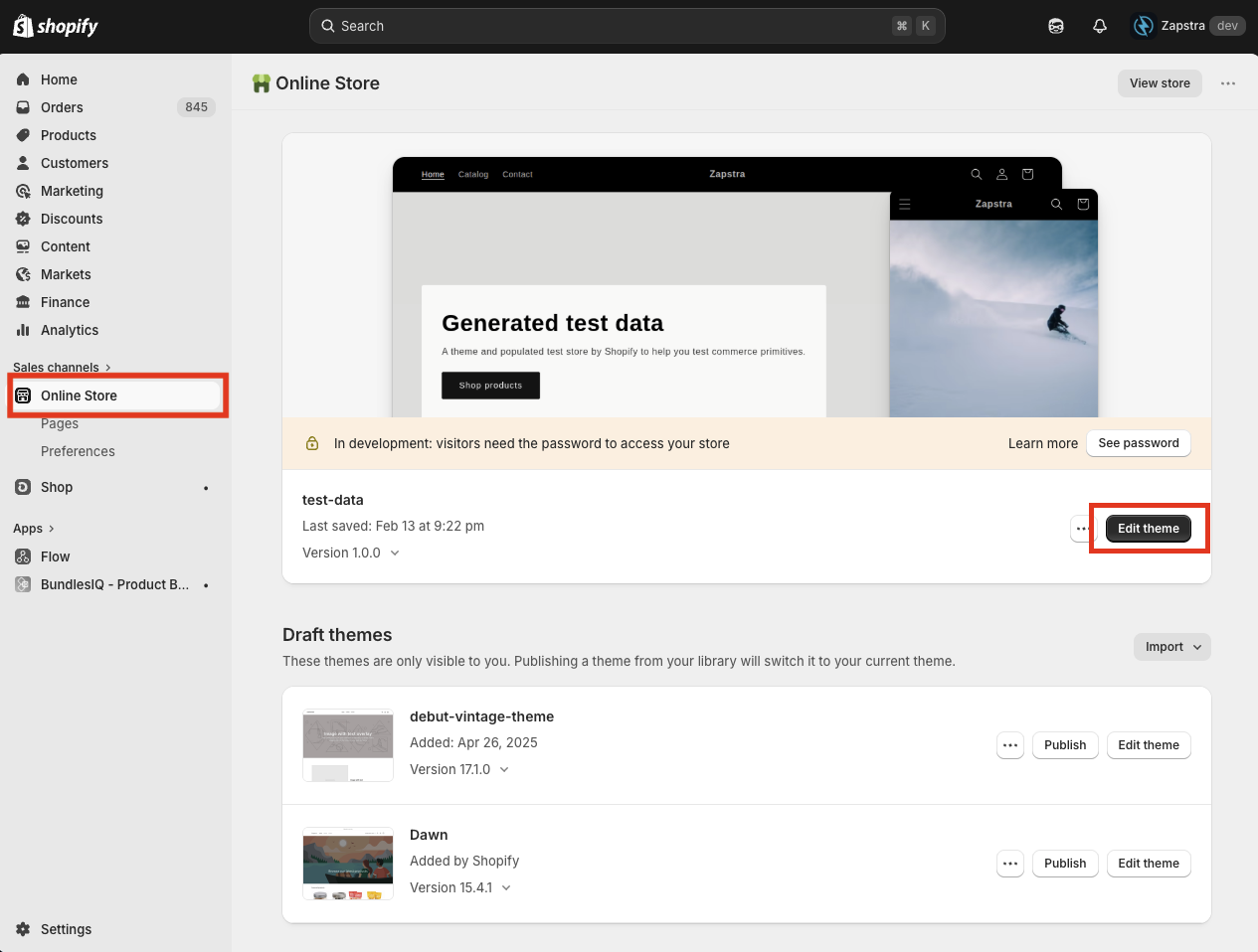 Shopify admin with Online Store selected in the sidebar and the Edit theme button on the live theme