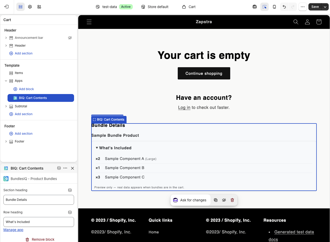 Cart in the theme editor showing the BIQ: Cart Contents block with bundle details and sample components