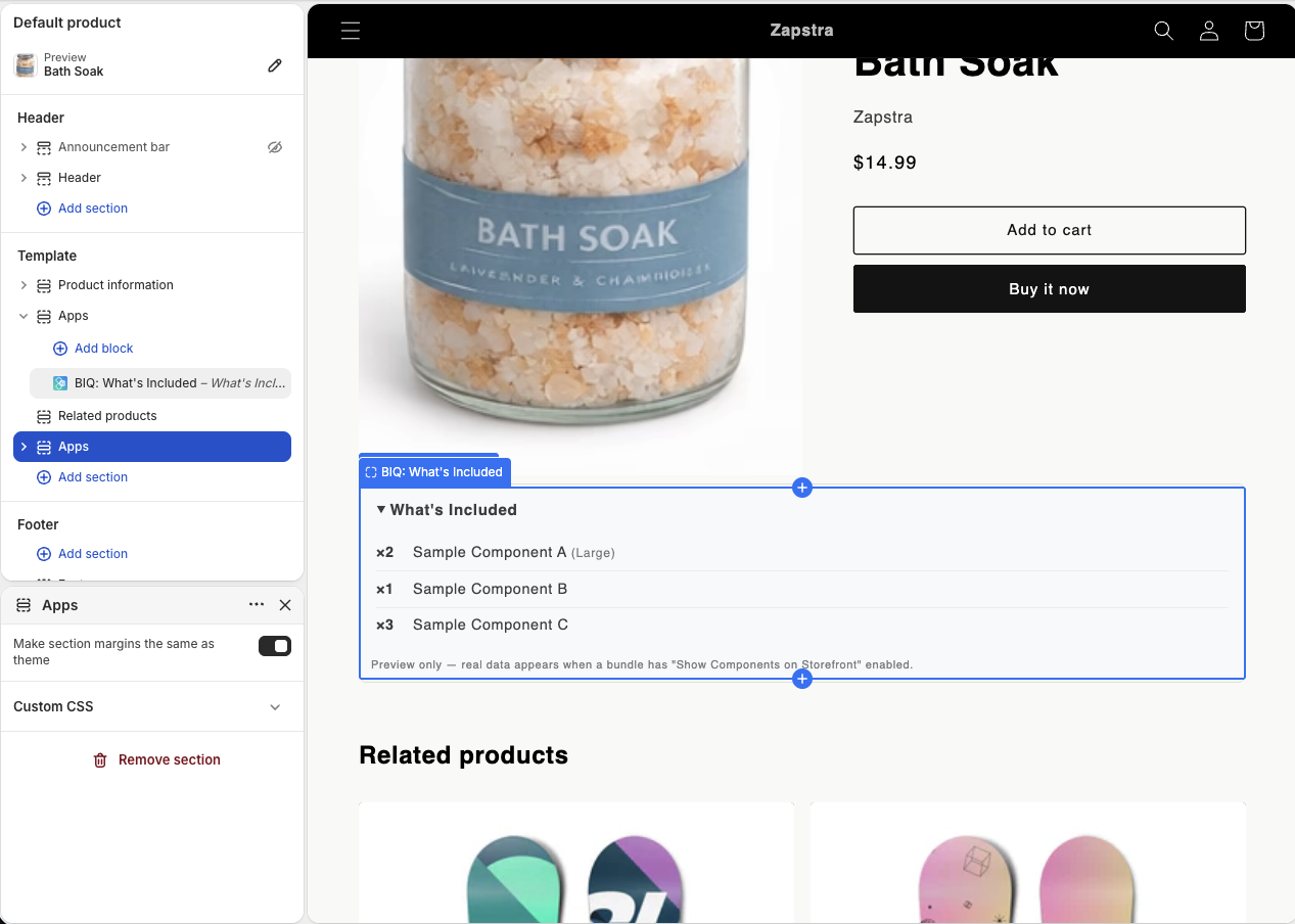 Product page in the theme editor showing the What's Included section with sample components