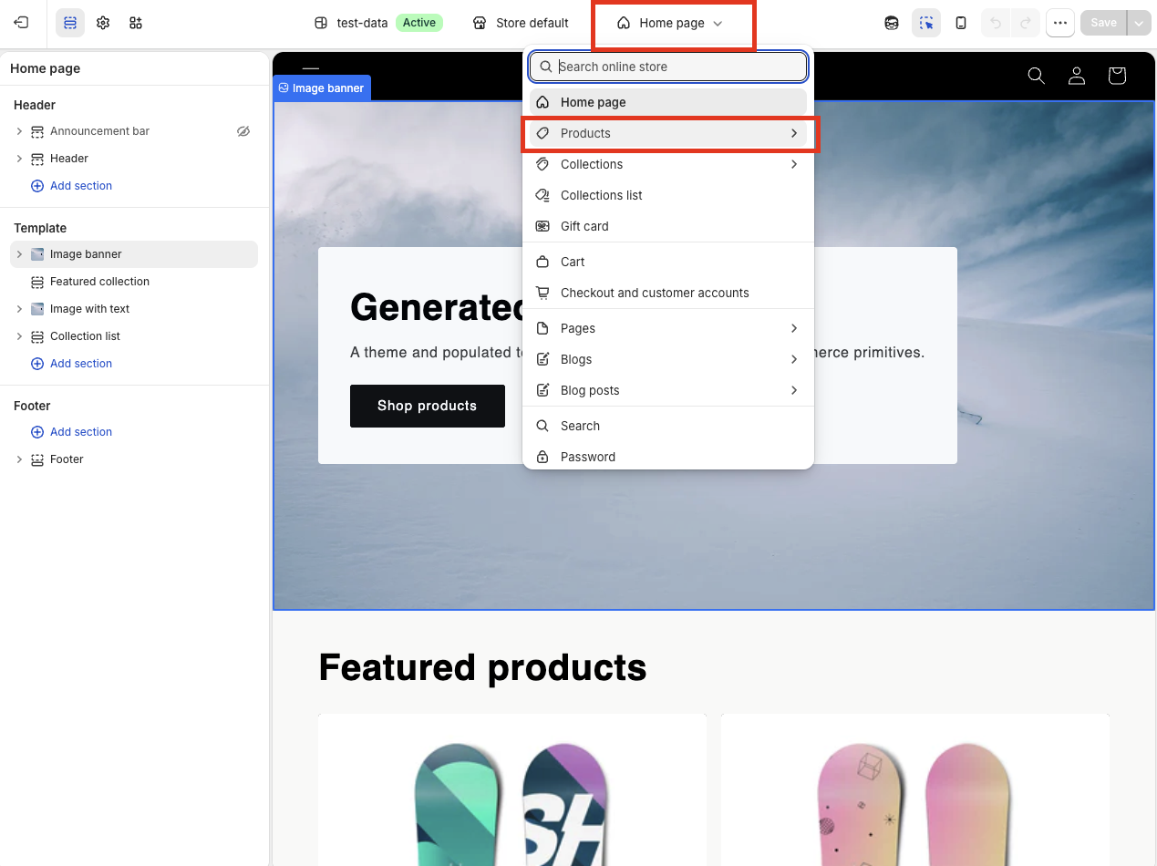 Theme editor template dropdown expanded, with Products selected