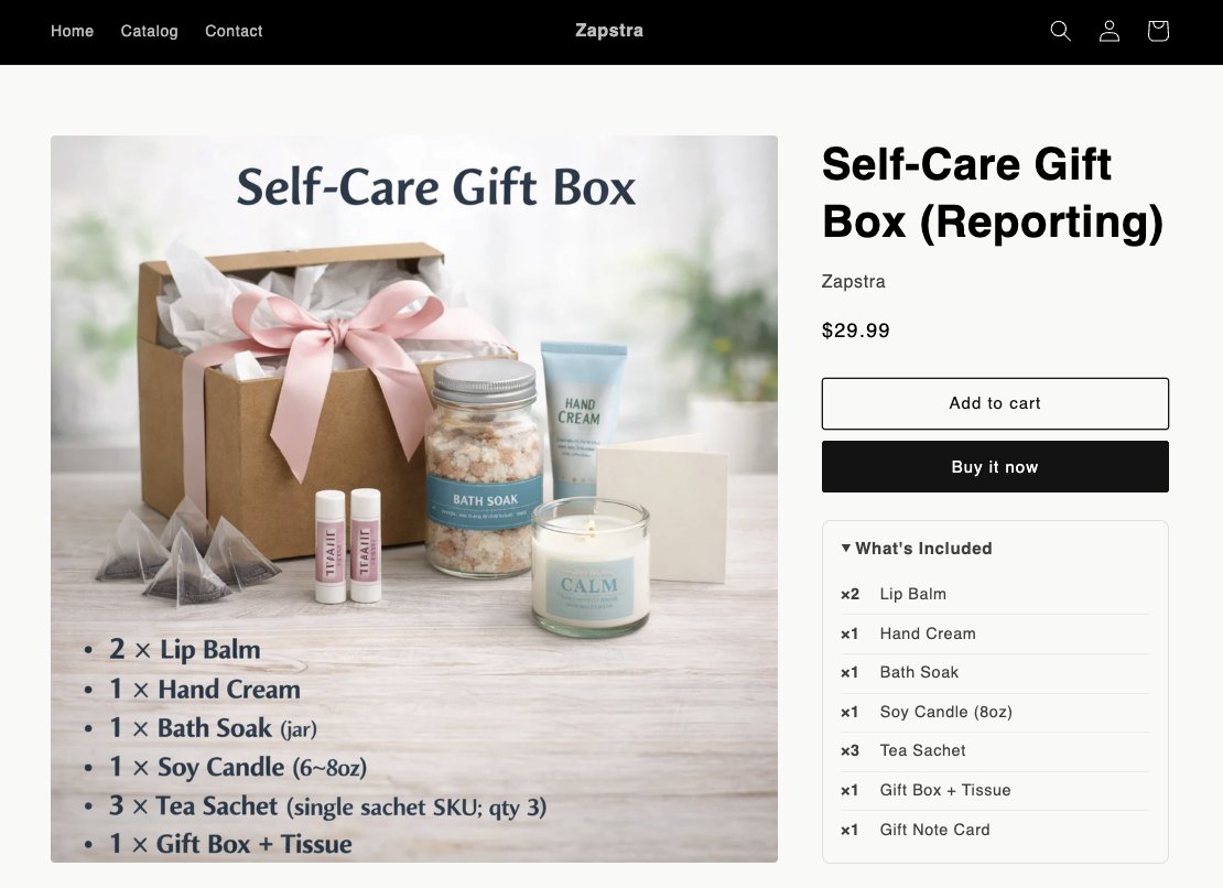 Storefront product page with the BIQ: What's Included block listing each bundle component and quantity alongside the product