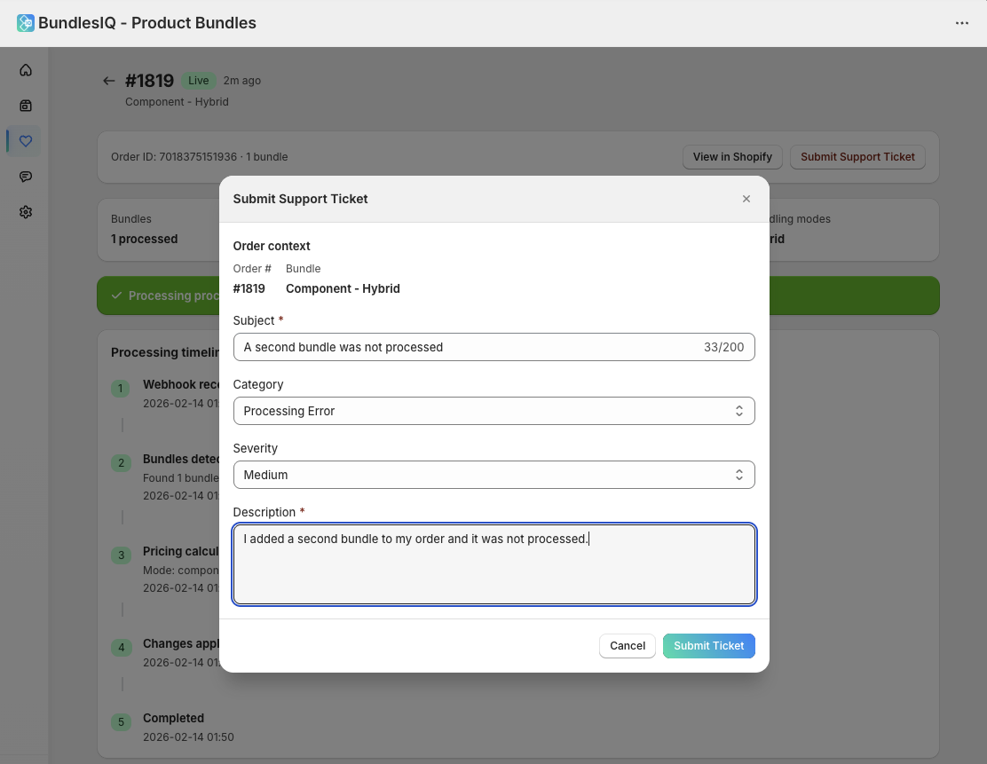 Submitting a support ticket from the order processing detail page