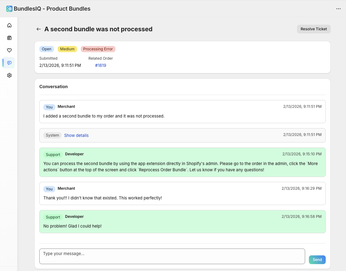 Live chat support conversation within BundlesIQ